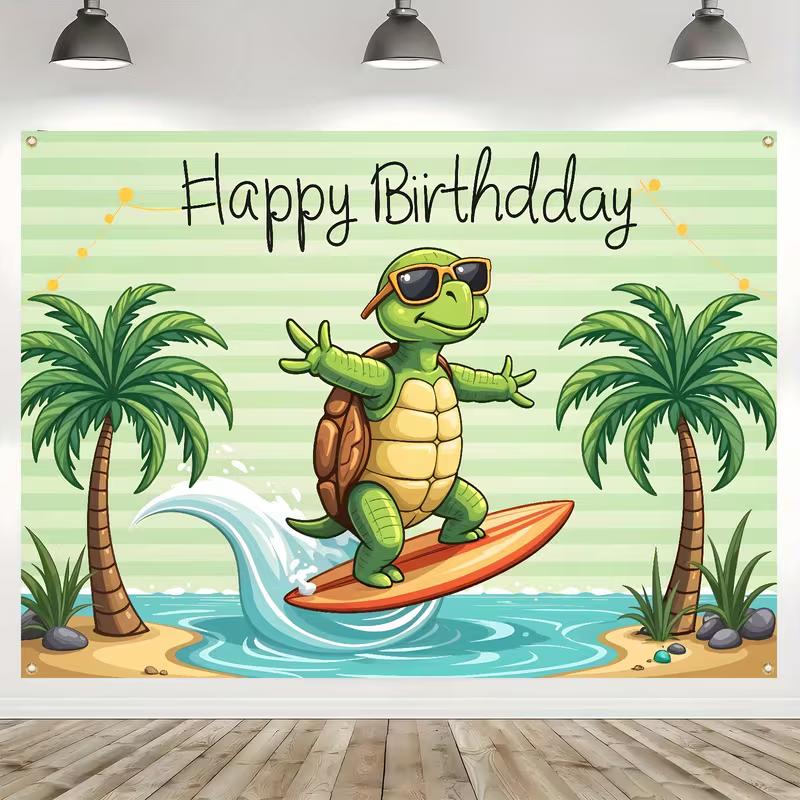 2D Tropical Beach Turtle Birthday Backdrop, Surf Themed Party Decor Banner