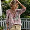 Women Loose Off Shoulder Shirt Summer Casual Shirt, V Neck Lace Up 3/4 Sleeve Blouse, Plaid Breathable Print Flowy Tops, Lightweight Chiffon Tops