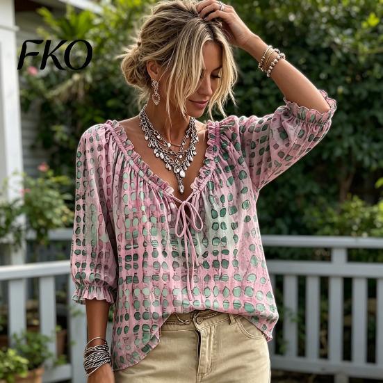 Women Loose Off Shoulder Shirt Summer Casual Shirt, V Neck Lace Up 3/4 Sleeve Blouse, Plaid Breathable Print Flowy Tops, Lightweight Chiffon Tops
