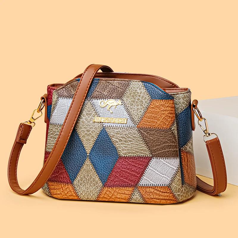 Vintage PU Leather Shoulder Bags for Women Splicing Crossbody Messenger Bag Feminine Bag