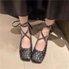Fashion Women's Summer New Style Bright Diamond Hollow Mary Jane Flat Shoes Cross-Strap Round Toe Comfortable Large Size Ballerina Shoes