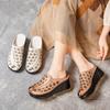Summer New Genuine Leather Slippers Women's Retro Ethnic Style Thick Wedges Shoe Fish Mouth Mom Slippers Women Hollow Sandals