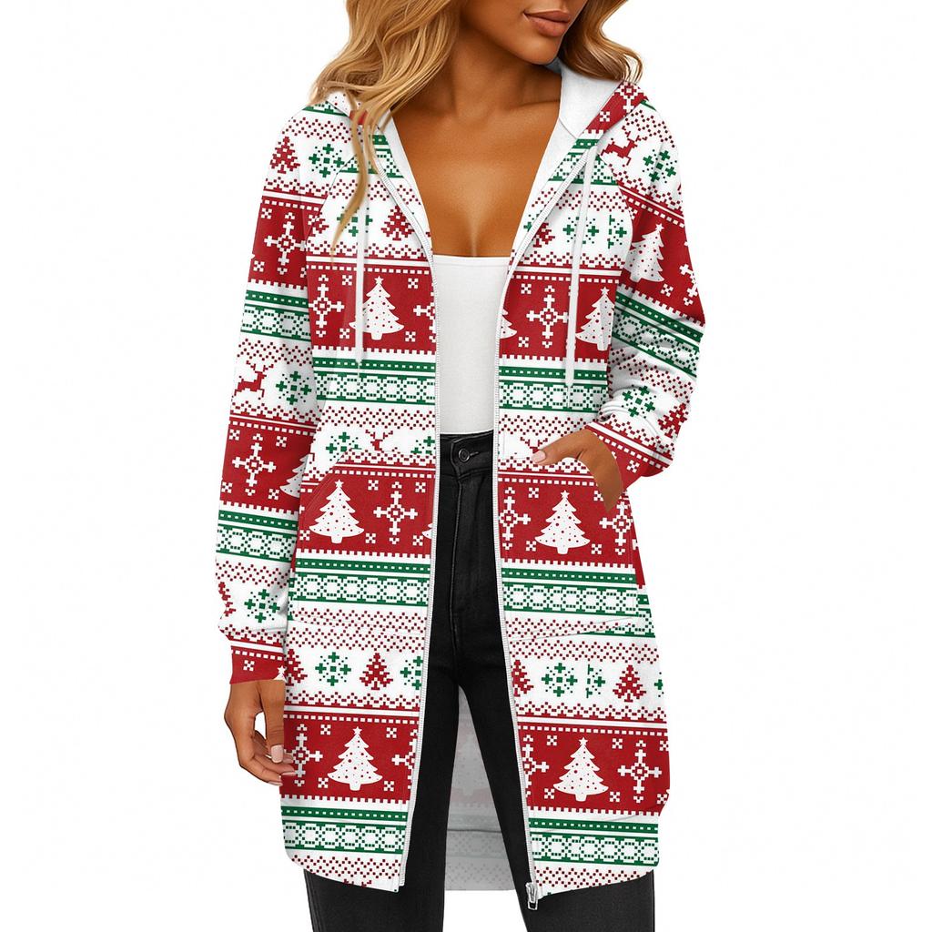 Женская модная рождественская толстовка с длинными рукавами, капюшоном на кулиске, карманом на молнии, длинная, повседневная