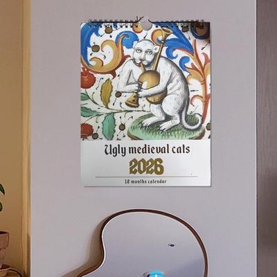 Странный средневековый настенный календарь с котами на 2026 год, настенный календарь на новый год, забавный ежедневник, ежемесячный планер, настенный календарь со смешными котами