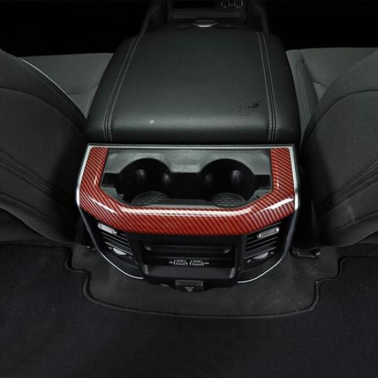 For - Dodge Ram 1500 Red Carbon Rear Cup Holder Panel Trim Cover Frame