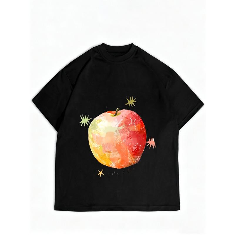 Черная футболка с круглым вырезом, с красочным принтом яблока и узором из звезд для повседневной носки