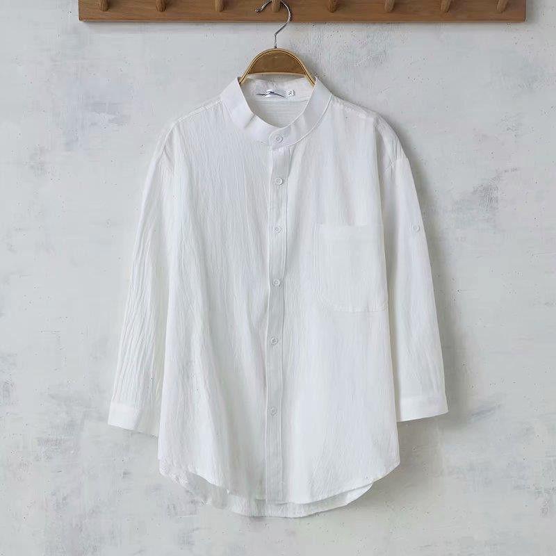 Men's Casual White Linen Shirt - Breathable, Loose-Fit, Three-Quarter Sleeve