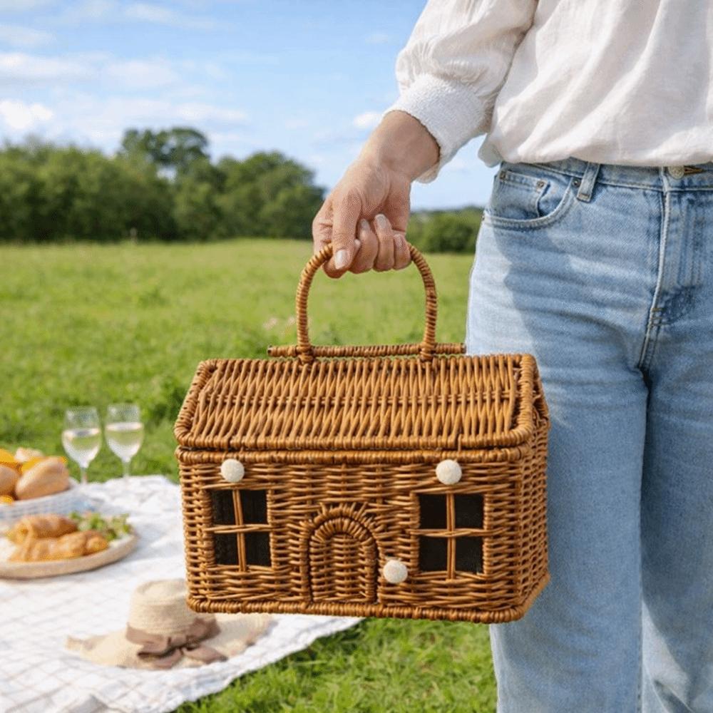 With Handle Rattan Picnic Basket House Shaped Clutter Organizer Desktop Organizer  Picnic Supplies