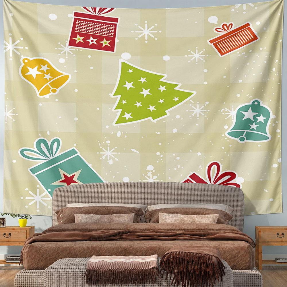Cream Plaid Christmas Stickers Tapestry Wall Hanging Holiday Pattern Decor for Bedroom Living Room Gift