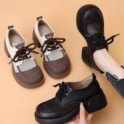 Женские туфли-лодочки на массивной платформе, женские весенние лоферы из искусственной кожи на высоком каблуке, женские дышащие полые туфли с круглым носком на шнуровке