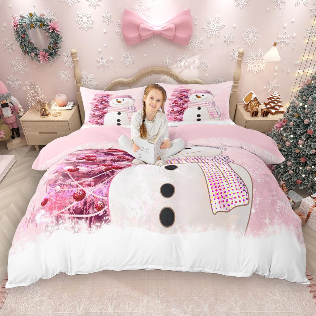 Homewish Kids Merry Christmas Duvet Cover Set 2pcs/3pcs, Xmas Tree Santa Claus Bedding Set, Kawaii Snowman Quilt Cover Set