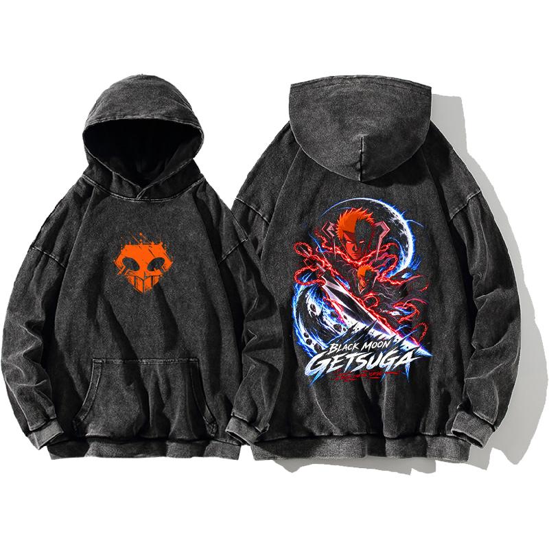 Anime Bleach Blood Chains Ichigo Hoodies Vintage Washed Streetwear Men Women Clothing Fall Long Sleeve Loose 100% Cotton Popular