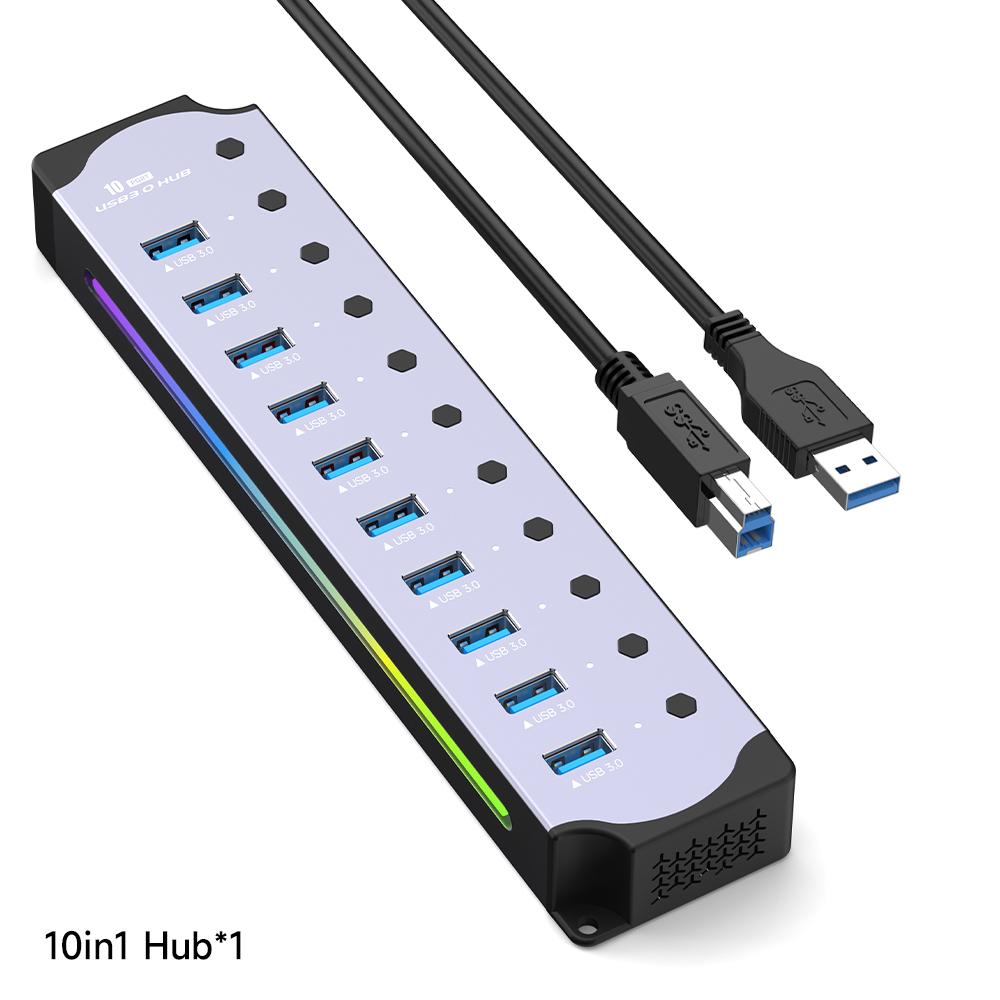 10-портовый USB-хаб с питанием, интерфейс USB 3.0, индивидуальные переключатели, RGB, E-Marker, конструкция с теплоотводом, адаптер питания 5 В постоянного тока