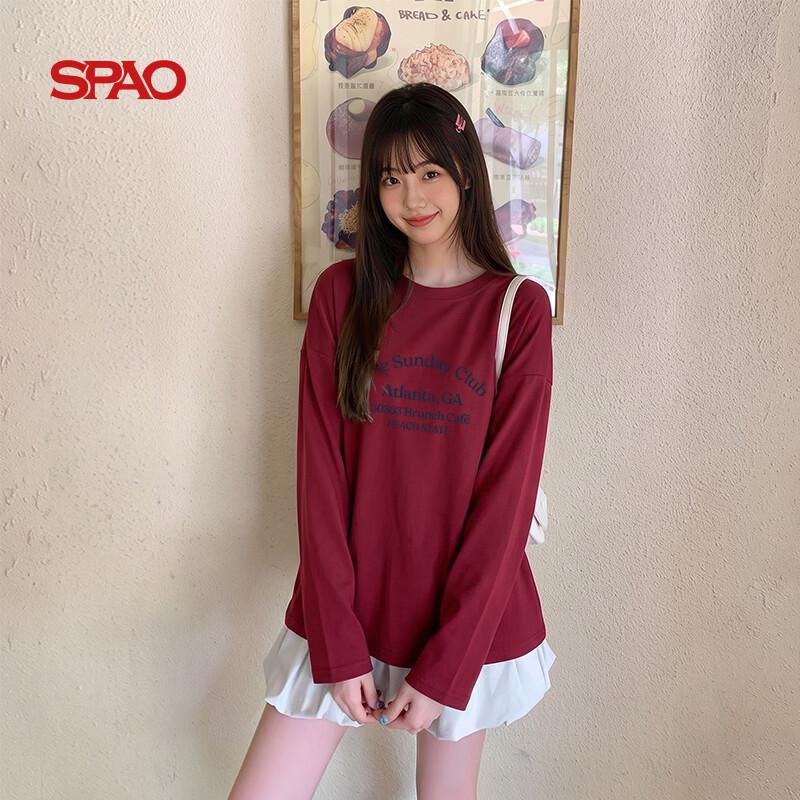Женская хлопковая футболка SPAO с длинным рукавом и спущенной линией плеча с принтом-буквой