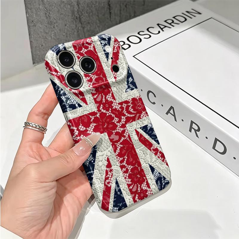 Кружевная текстура UK Union Jack Цветочный Винтажный Графический Принт Арт Пленка Эстетичный Защитный Ударопрочный Бампер Чехол Покрытия Для iPhone 14 15 16 Pro Max Plus