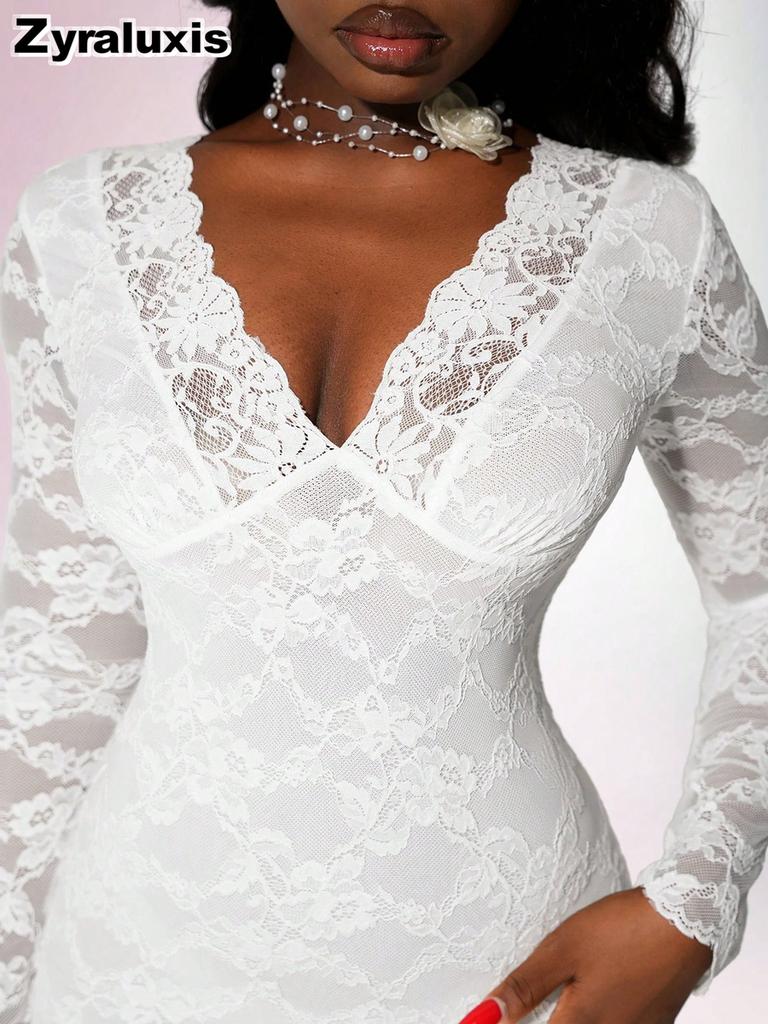 Новое Сексуальное Элегантное Кружевное Обтягивающее Платье Bodycon с Глубоким Вырезом V для Женщин Весна Лето