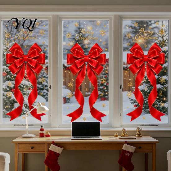 Static Glass Stickers Sticker, Christmas Theme Bow Pattern Print, Removable Reusable Decals Electrostatic PVC Film for Home And Store Doors