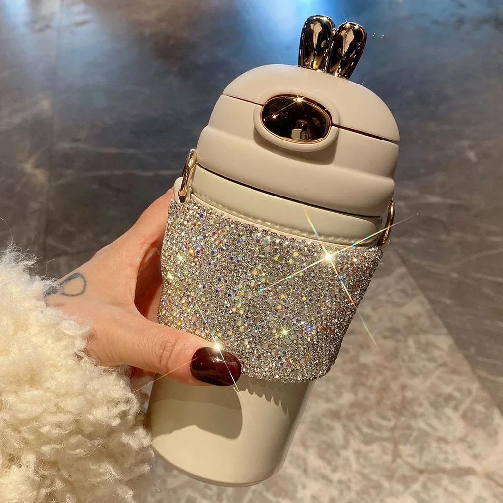 480ML Straight Cup Luxury Rhinestone Stainless Steel Vacuum Insulated Cup With Chain Water Bottles Tumblers Thermos Bottle Gifts