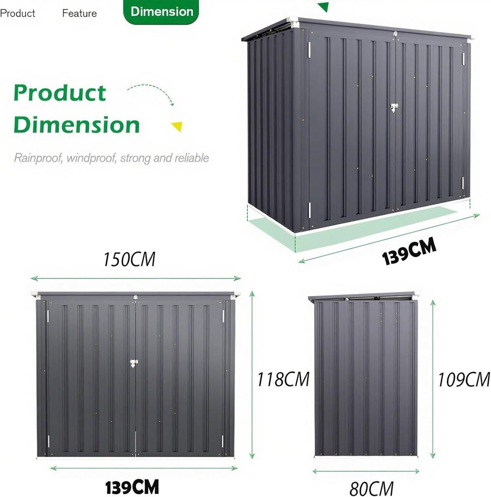 Metal Garden Storage Box Shed, 1.3m² Waterproof Outdoor Tool Organiser with Double Doors, Compact Galvanised Steel Small Sheds for Outside, Gray