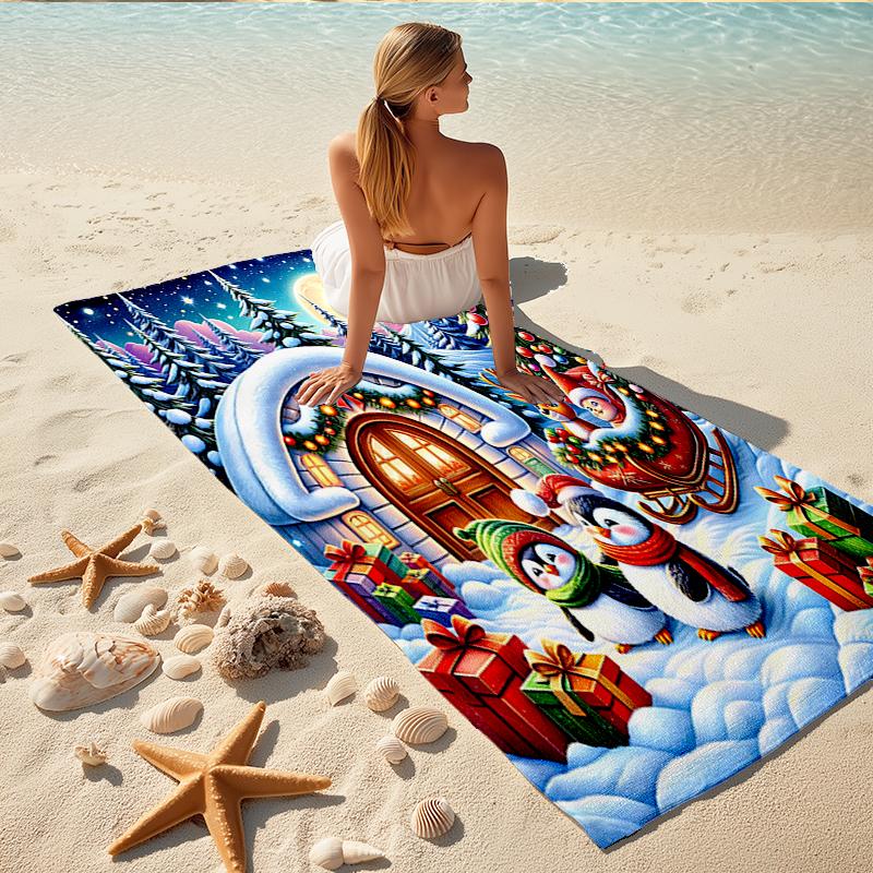 1Pc Christmas Night Adventure Beach Towel, Quick Dry, Multi-Use for Beach Pool Gym Yoga Home Travel, Christmas, Halloween, Xmas Gift S14