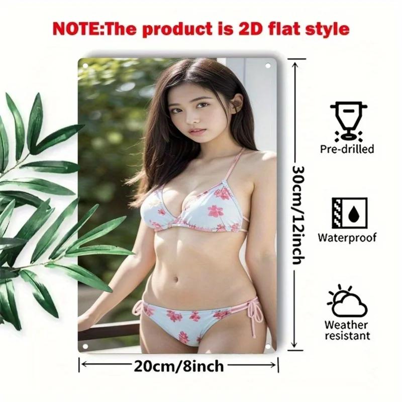 Ретро жестяная табличка Декор стены Металлическая табличка - Женщина в бикини Пляжное искусство - Прочная железная пластина для домашнего бара