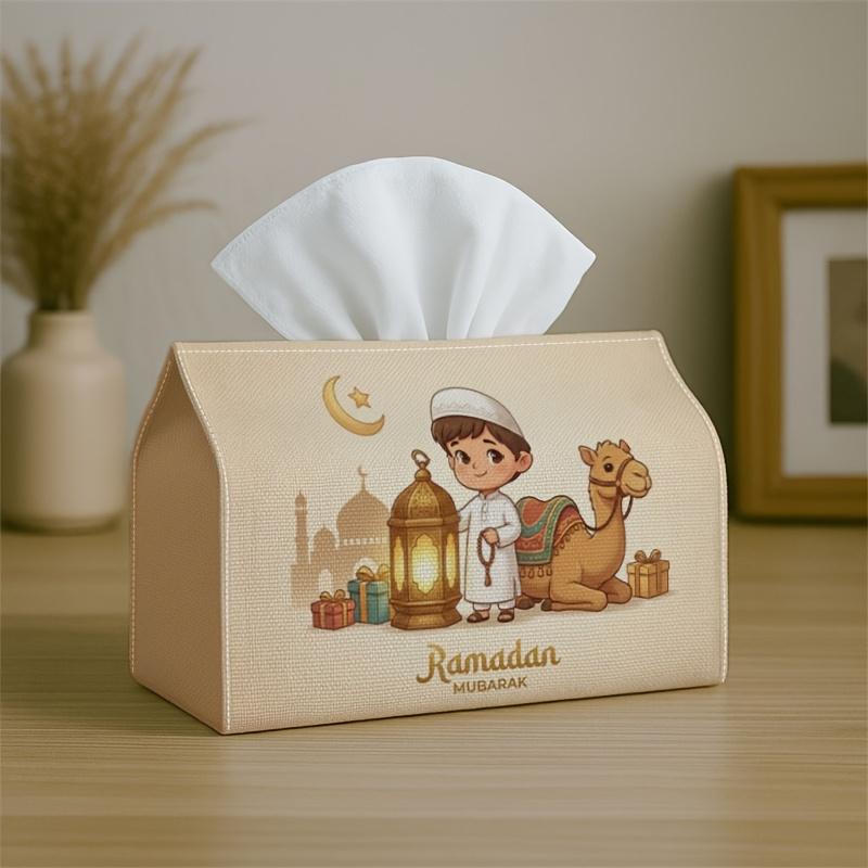1pc Eid Decoration Cute Islamic Cartoon Beige Tissue Box with Boy Camel Lantern -Napkin Storage Organizer for Kitchen,Car,Decorative Box,Purpose for