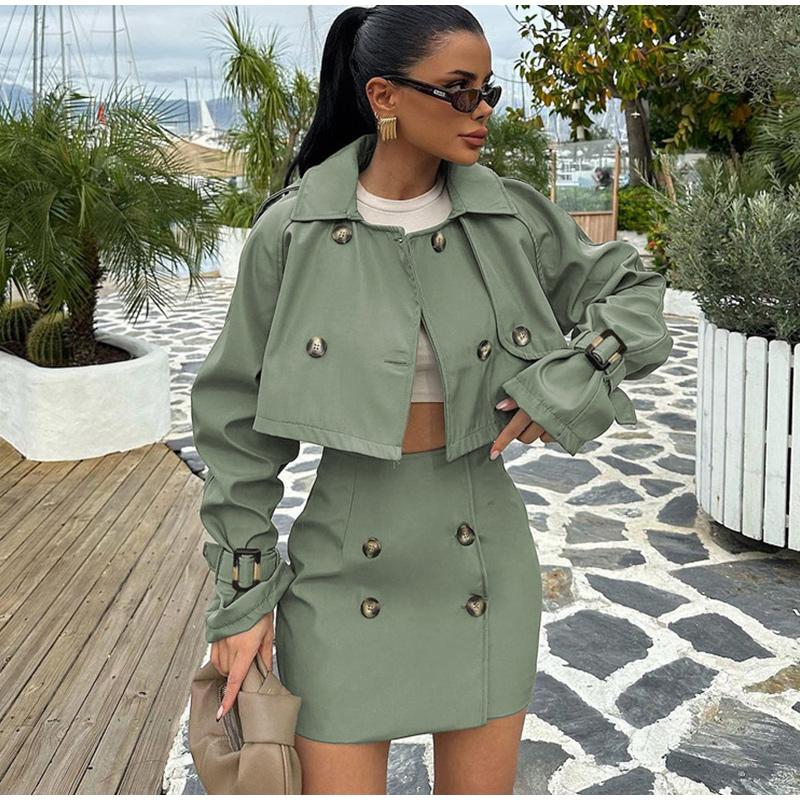 Тренч с лацканами, короткое пальто, куртка, юбка с запахом, комплект с грудью, винтажный британский стиль, женская рабочая одежда, пальто, короткие юбки, комплекты