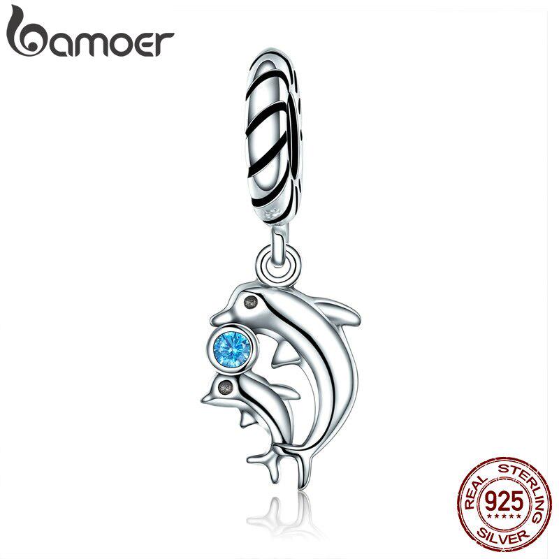 BAMOER Authentic 100% 925 Sterling Silver Dolphins Story with Clear CZ Charms Fit Bracelet