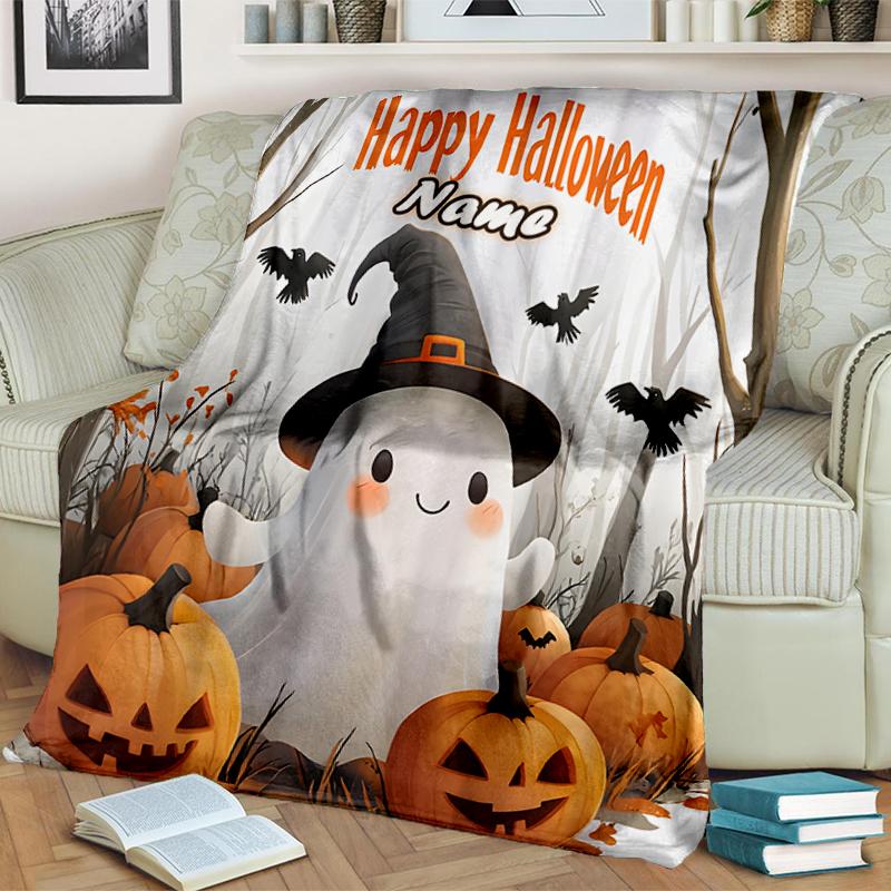 1PC Custom Name Happy Halloween Ghost outdooor Flannel blankets Throw Blanket All-Season Throw Gift Bedspread for Couch, Bed, Camping Holiday Birthday