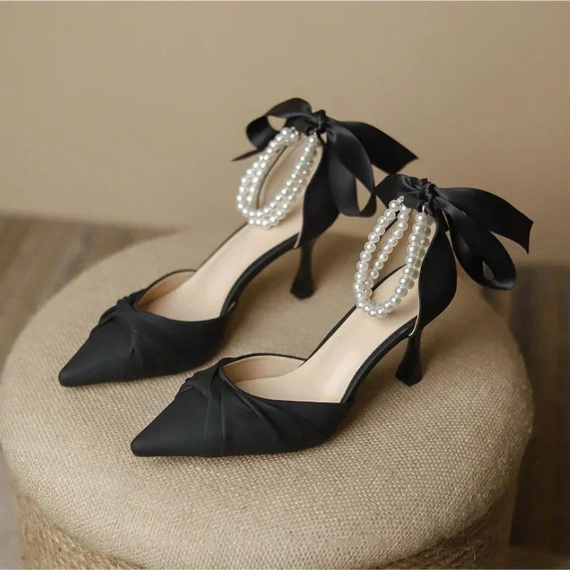 Модные женские элегантные белые босоножки на высоком каблуке, летние туфли на толстой платформе с ремешками на щиколотке и жемчугом, женские туфли-лодочки с кружевным галстуком-бабочкой, роскошные туфли для вечеринок