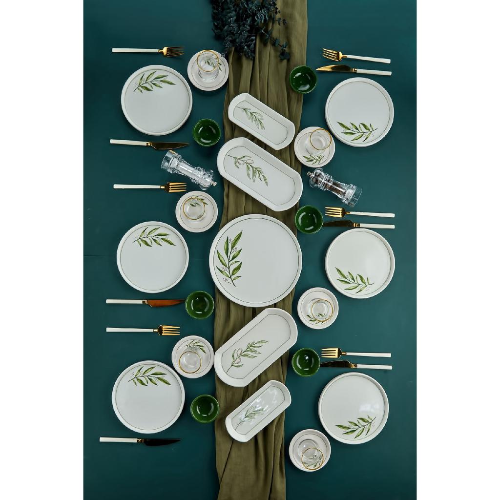 Botanical Green Camellia Leaf Patterned Luxury Ceramic 14 Piece Breakfast Set For 6 Persons