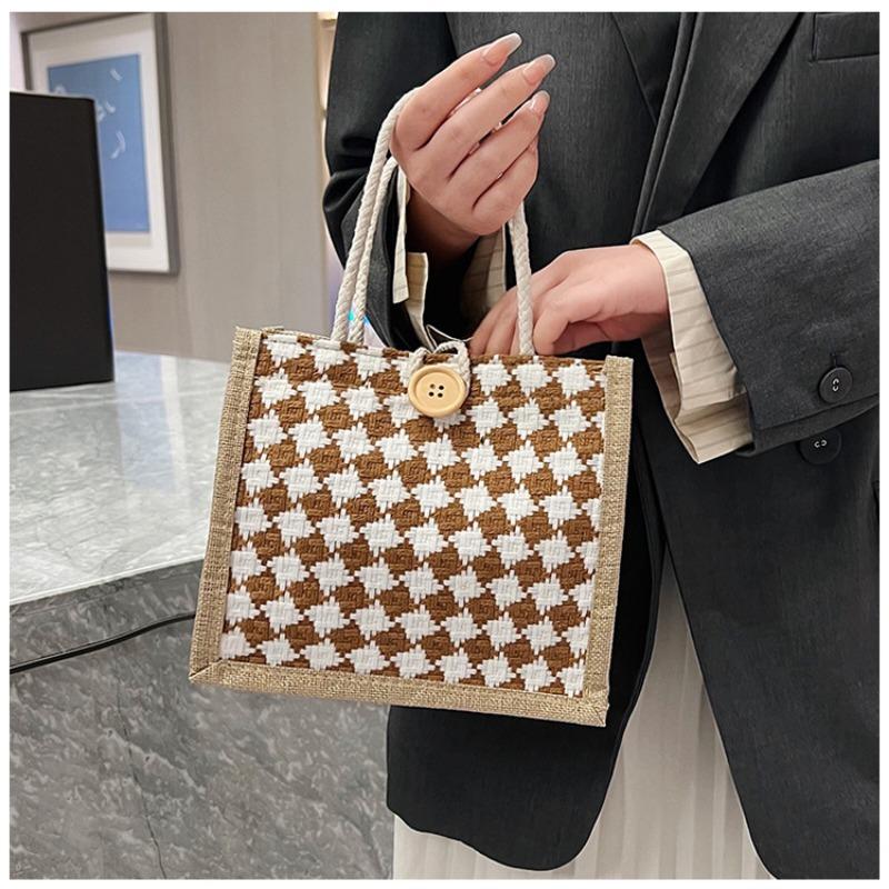 Клетчатая льняная холщовая сумка на одно плечо, сумка-тоут, классическая сумка для покупок, сумка-шоппинг в стиле ретро в стиле знаменитостей из Интернета, женская сумка в стиле ретро