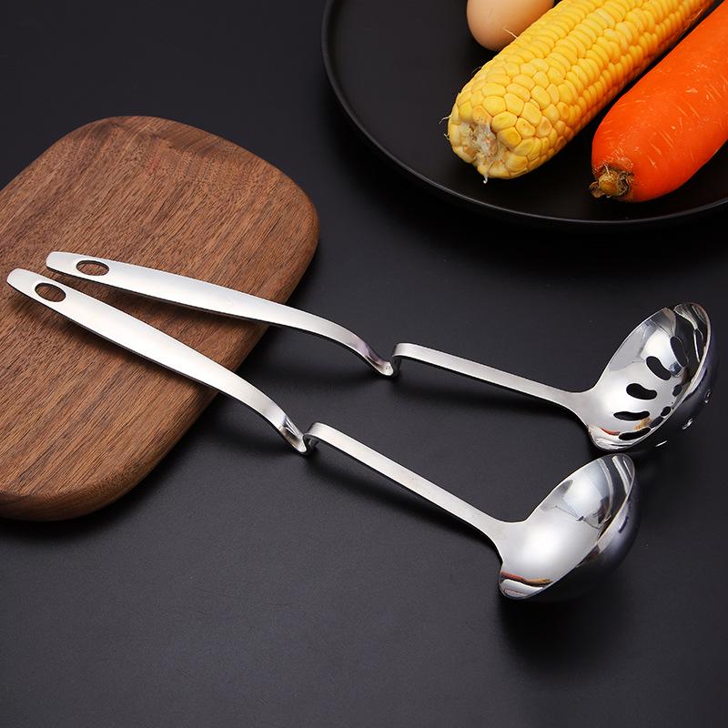Stainless Steel Kitchen Utensil Set: Soup Ladle, Slotted Spoon, Wall Hanging Hot Pot Spoon, Long Handle, Thickened Design