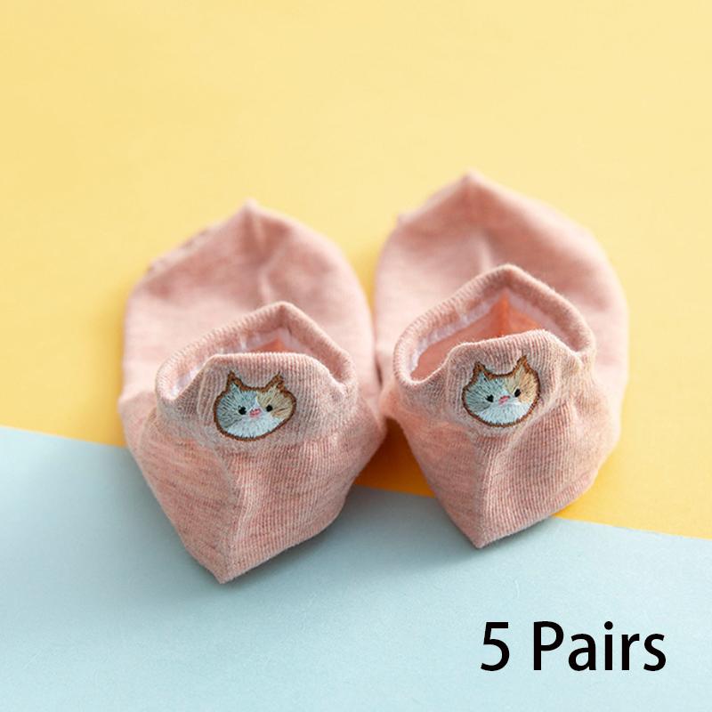 5/10 пар женских носков до щиколотки, мультяшная вышивка, кошка, забавные короткие носки, модные носки-невидимки с низким вырезом, мягкие повседневные женские носки-лодочки