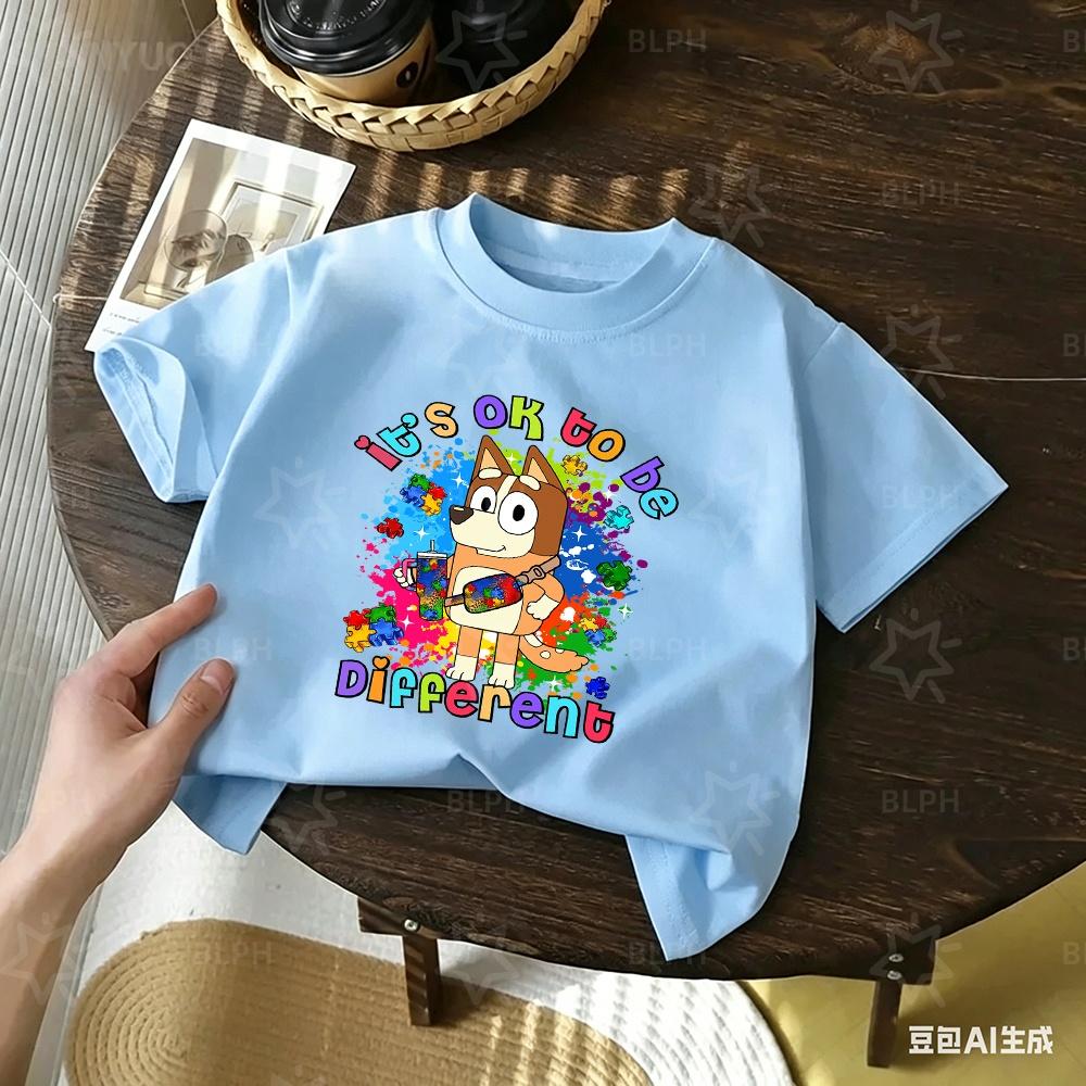 Kids Bluey Cartoon Print T Shirt Its Ok To Be Different Autism Awareness Short Sleeve Tee For Boys Girls Casual Soft Tops