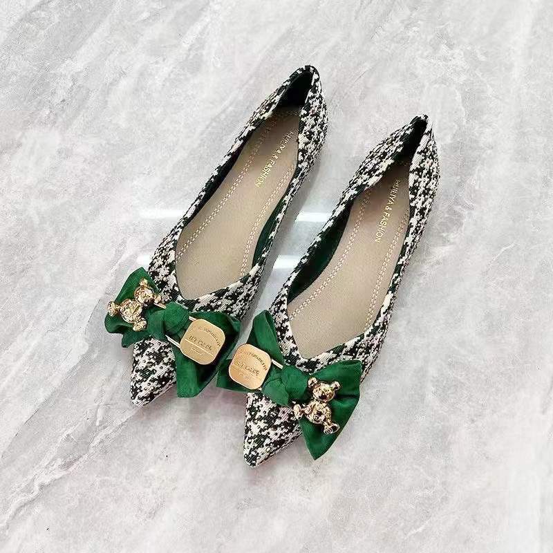 Одиночные туфли женские весна-лето 2025 года новые универсальные заостренные туфли на плоской подошве с рисунком в виде тысяч птиц, бант из сетки, неглубокий рот, темперамент, мягкая подошва