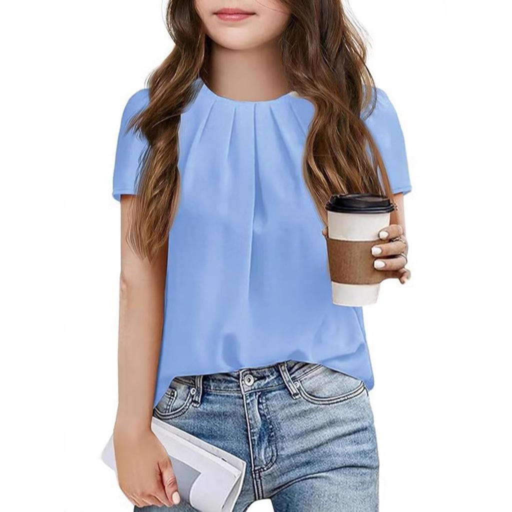Children's Short-sleeved Solid Color T-shirt For Girls With Puffed Sleeve Chiffon Top