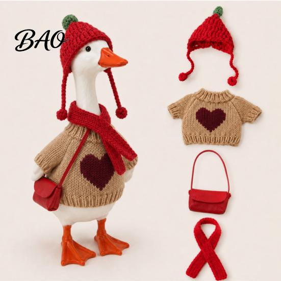 Knitted Sweater for Goose 7 Inch Desk Outfits, 4 Pcs Hat Scarf Polyester Outfit Crossbody Bag Winter Holiday Accessory Office, Shelf, Table Decor Gift