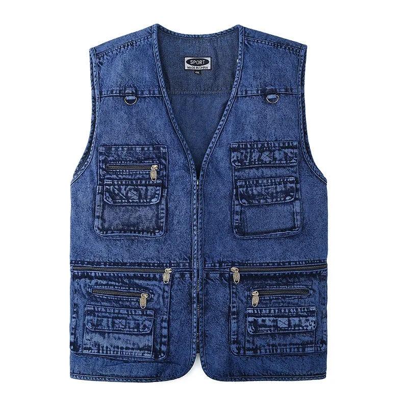 Denim Men Vest Sleeveless Jackets Blue Casual Fishing Vest with Many Pockets Male Vest