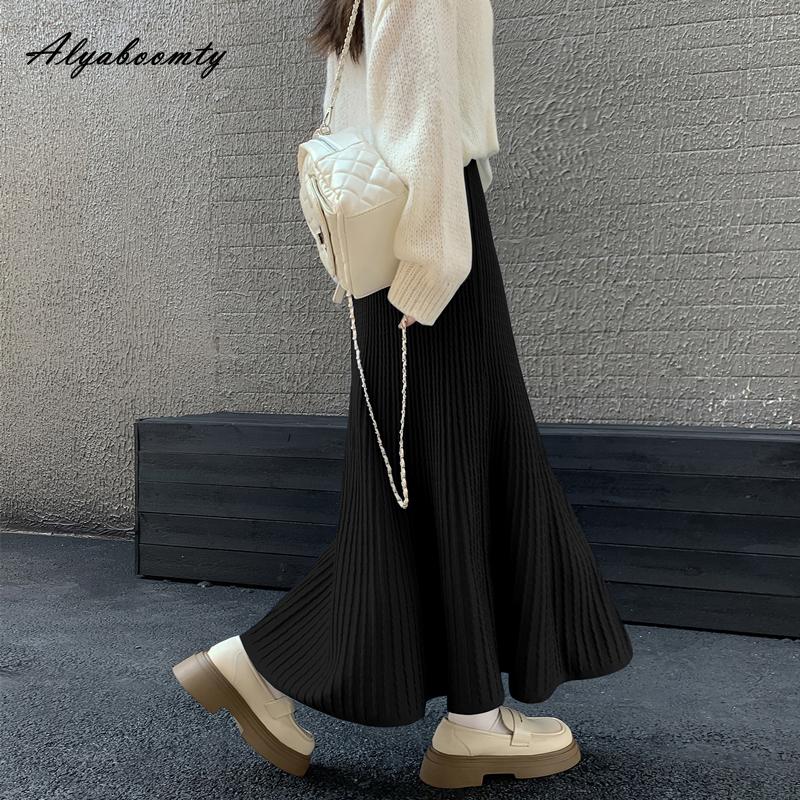Юбка плиссе в корейском стиле для женщин на осень-зиму, с высокой талией, бежевая, черная, красная, вязаная, длинная, теплая, элегантная