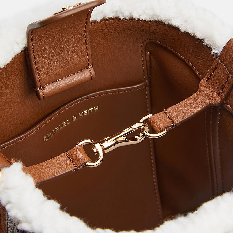 Charles & Keith Plush Series Minimalist Tote Bag Crossbody Bucket Bag PU Fabric Handbag Small Women bags Brown CK2-30271443-1
