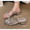 New High Heels Sandals for Women Square Toe Bowtie Decor Summer Outdoor Slippers Woman Thin Heeled Party Wedding Shoes