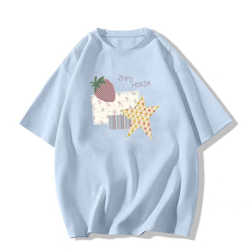 catty pure cotton American retro small man front shoulder short-sleeved t-shirt women's summer loose lazy half-sleeved t-shirt top