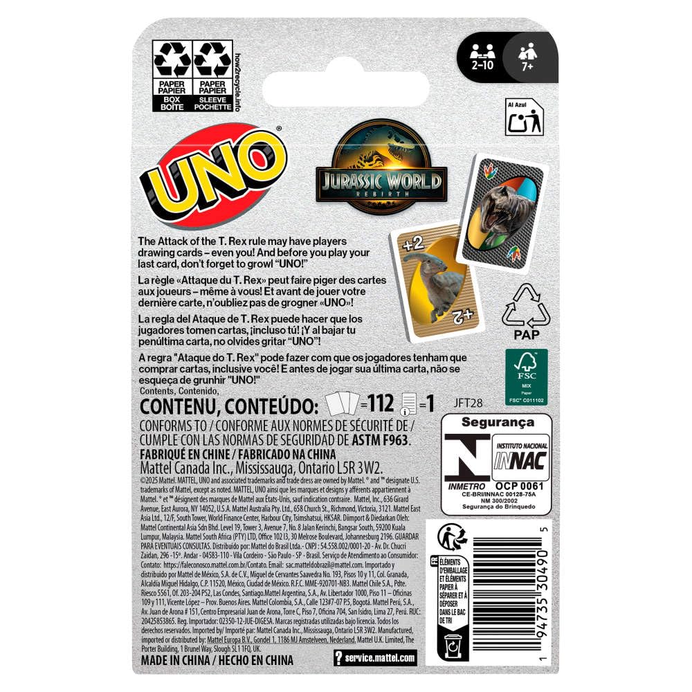 Mattel Games UNO Jurassic World Rebirth Card Game - with T-Rex Attack Special Rule, Collectible Family Party Game, 2-10 Players, Ages 7+