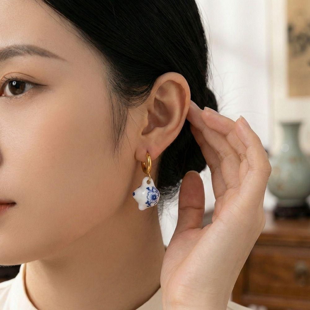 Chinese Style Blue and White Porcelain Earrings Gold Enamel Hoop Earrings  Jewelry Accessories