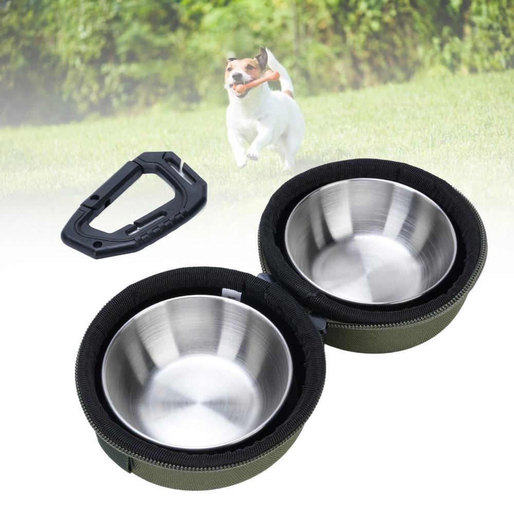 Stainless Steel Portable PET Bowl Set Green and Khaki Travel PET Feeder PET Feeding