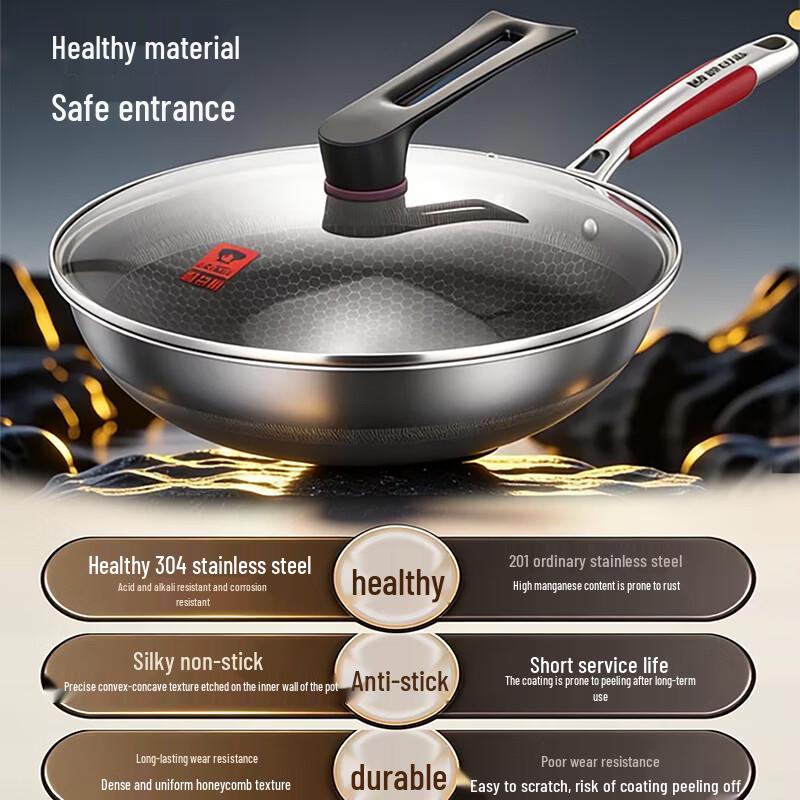 KOBACH 304 Stainless Steel Honeycomb Non-Stick Wok