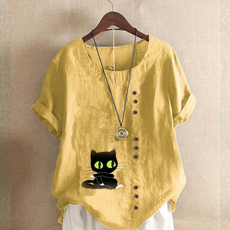 Women's Fashion Round Neck Short Sleeve T-shirt Casual Cotton Linen Graphic Shirt Leisure Loose Black Cat Prined Summer Blouse Tops