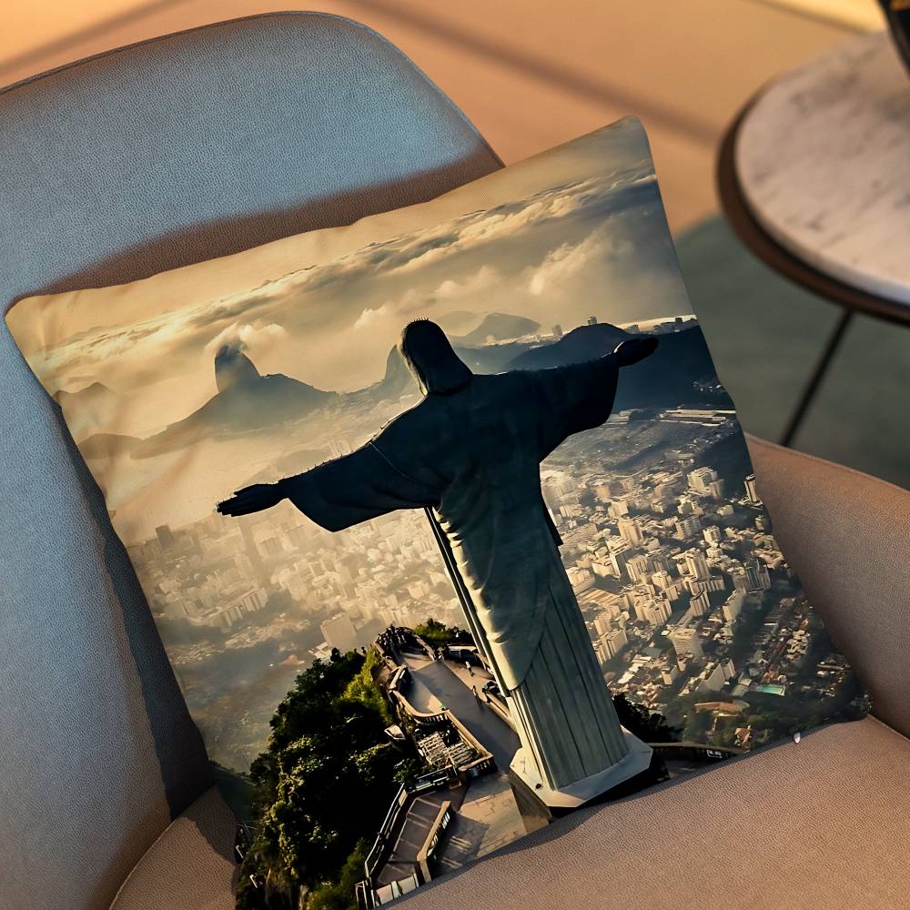 Brasil Flag And Jesus Christ Pillow Case Anti-Dustmite Pillowcase Invisible Zipper Silky Short Plush Sofa Cushion Cover