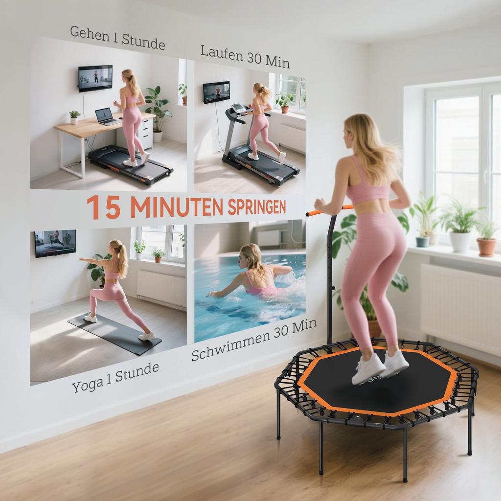 Fitness Trampoline, Adjustable Handlebar, for Indoor, Steel, Orange